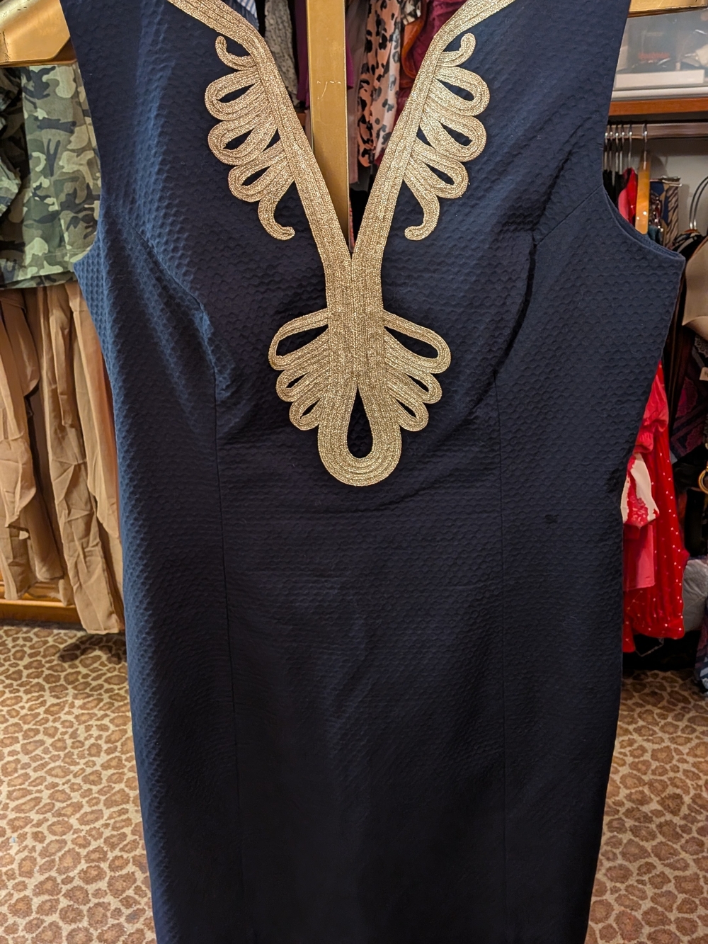 Lilly Pulitzer Navy Midi Sheath Dress with Gold Embroidered V-Neck